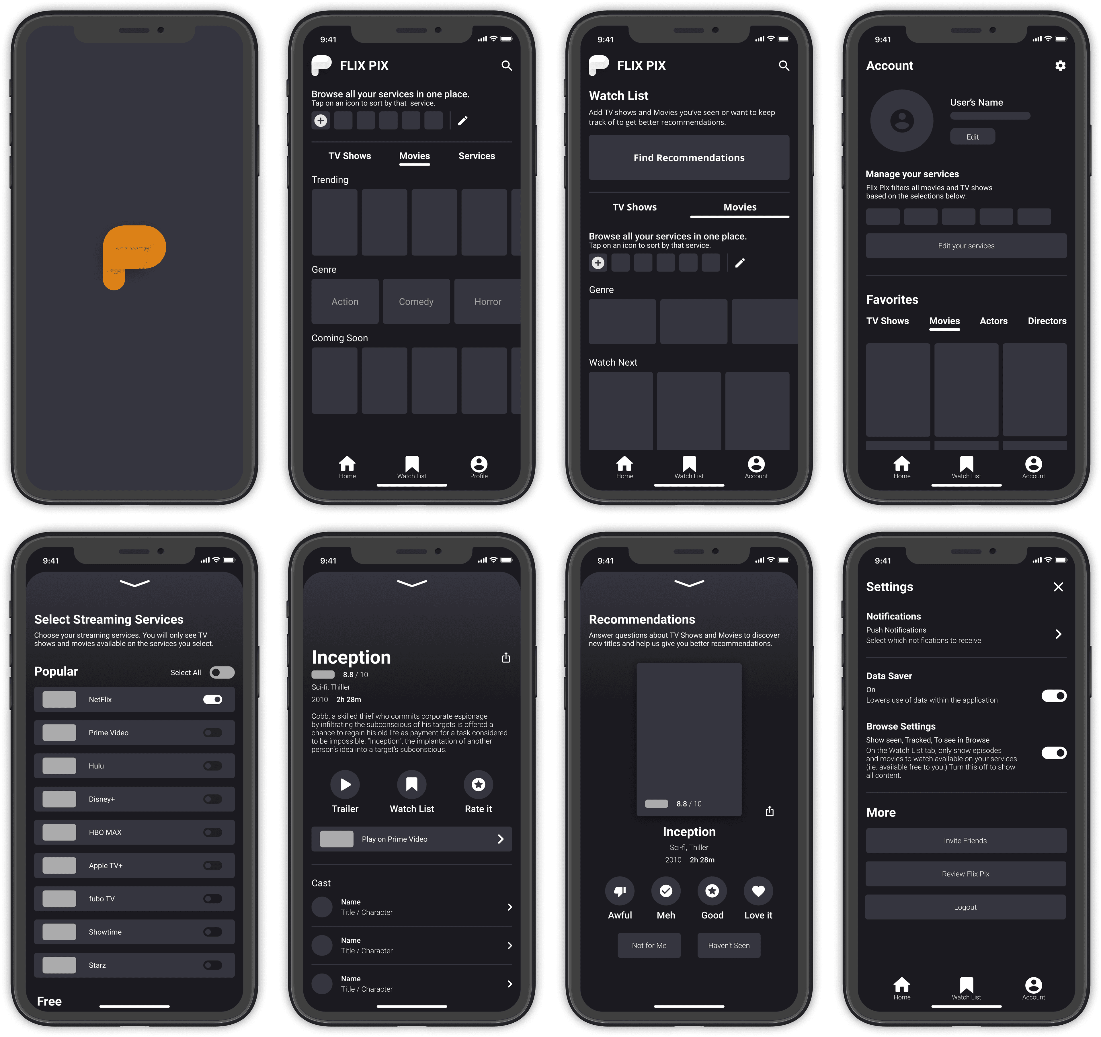 Flix Pix low-fidelity mockups