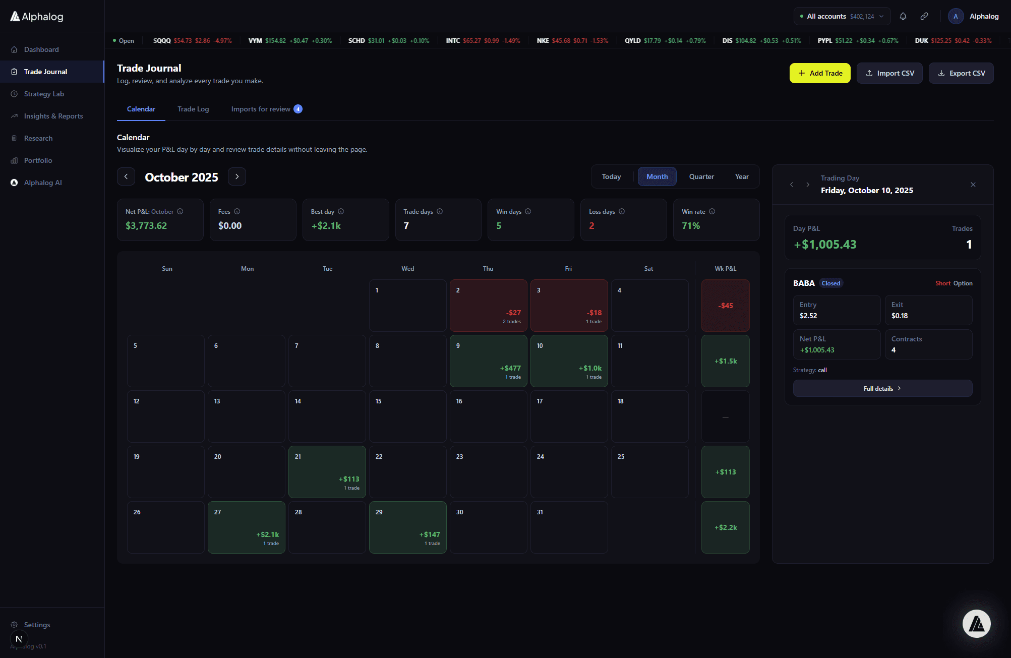 AlphaLog trade journal